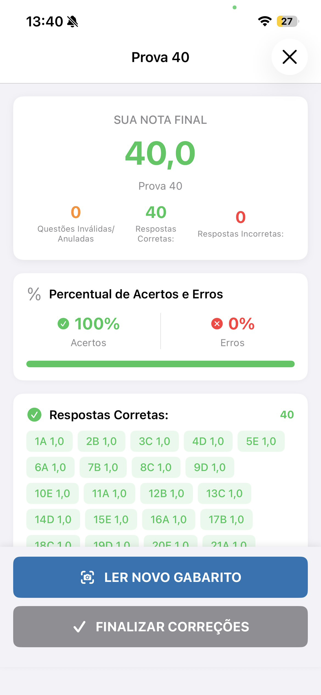 Super Corretor de Gabaritos - Tela de Resultados