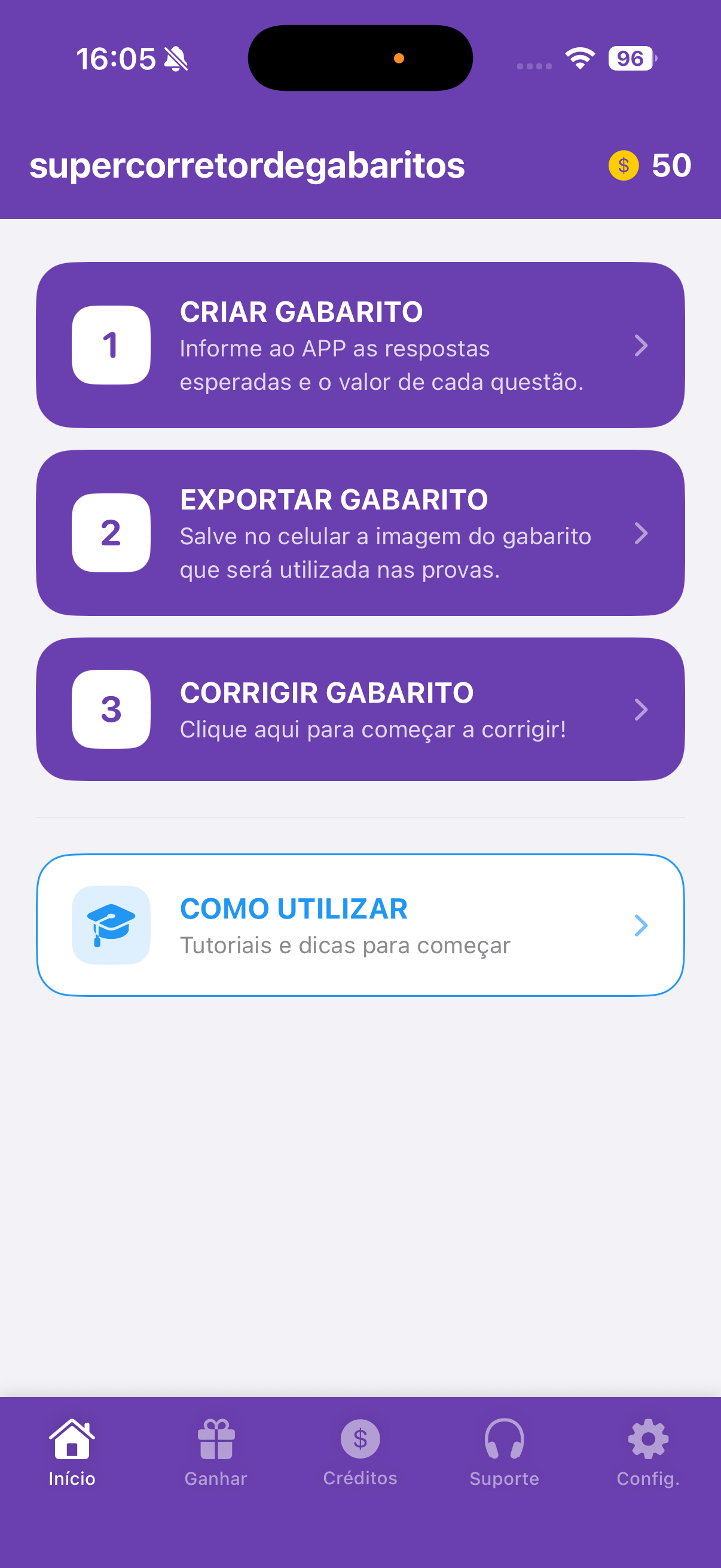Super Corretor de Gabaritos - Tela Inicial